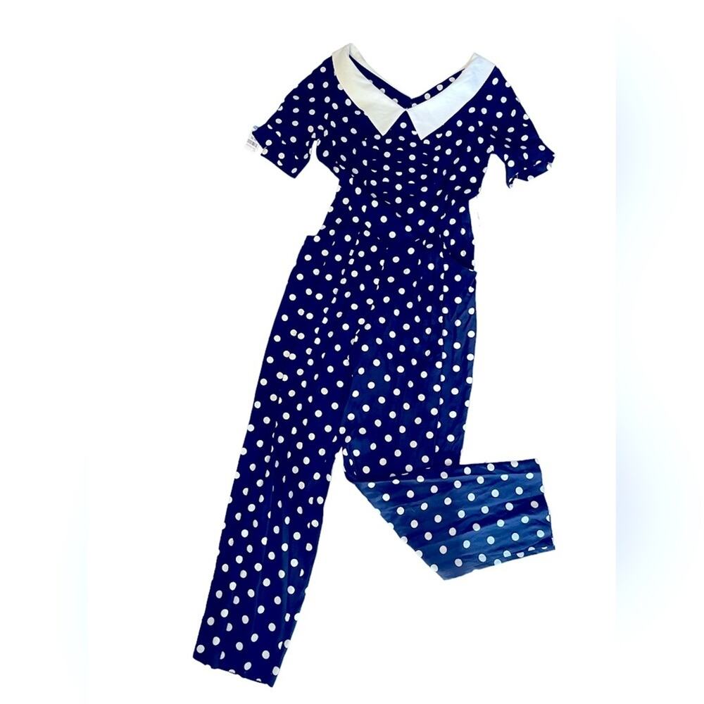 NWT vintage retro 80’s navy blue polka dot romper shirt sleeve size 9/10